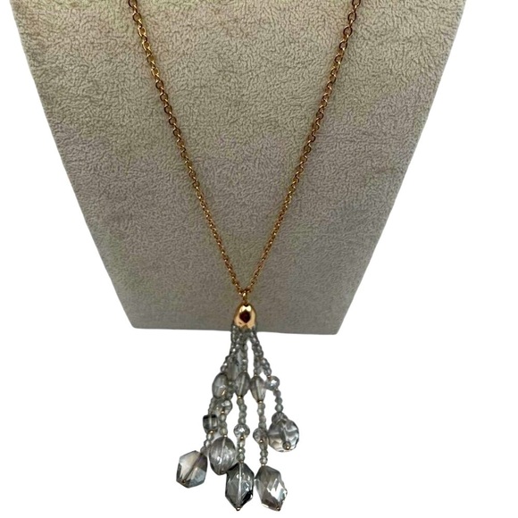Gold Tone Chain Necklace With Crystal Tassel Pendant.  A89 - Picture 3 of 7